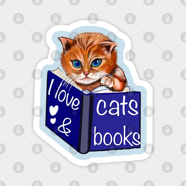 I love cats and books- blue eyed Kitten reading a book. Book Reading themed gifts for lovers of cats and books Magnet by Artonmytee