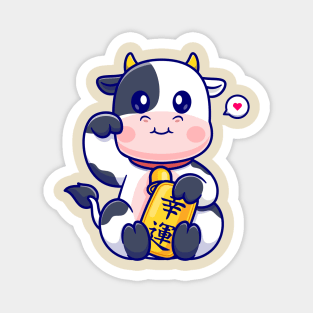 Cute Lucky Cow Holding Gold Coin Cartoon Magnet