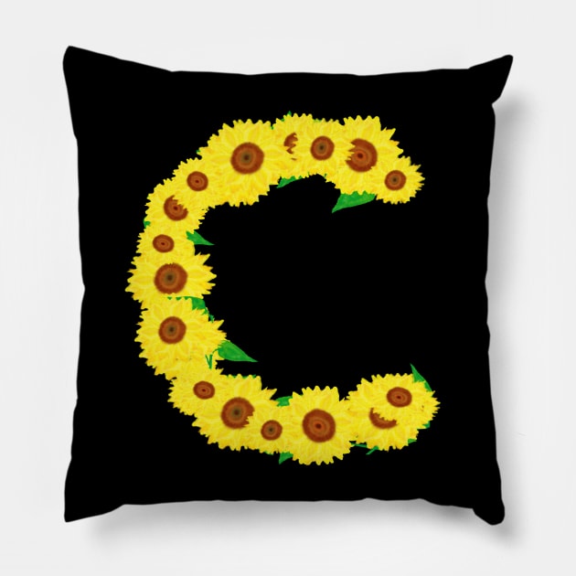 Sunflowers Initial Letter C (Black Background) Pillow by Art By LM Designs 