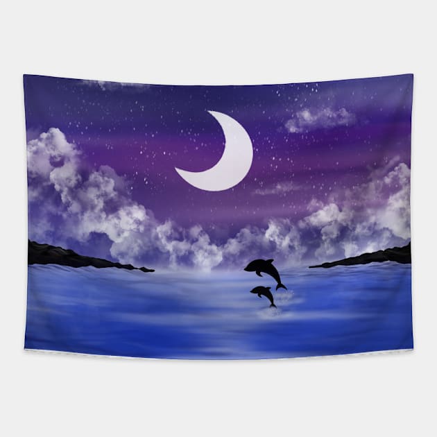 Night time seascape with jumping dolphins Tapestry by Arch4Design