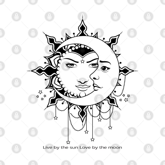 Sun and Moon,live by the sun love by the moon,vintage black and white illustration by Lekrock Shop