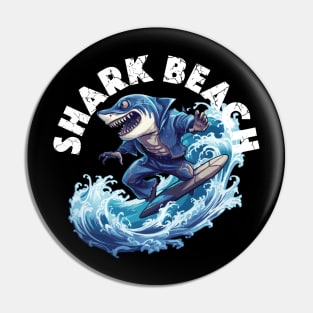 Shark Surfing - Shark Beach (White Lettering) Pin