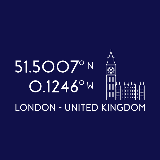 London Map Coordinates (latitude and longitude) focused on Big Ben - white text + image by AtlasMirabilis