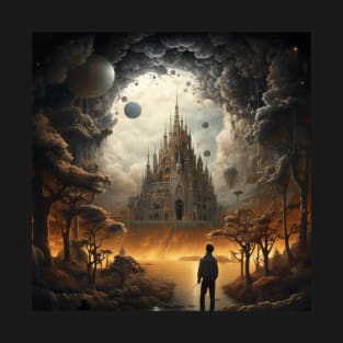 Mystical Sanctuary: Enigmatic Cathedral Amidst Celestial Orbs and Golden Forests T-Shirt