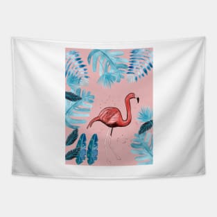 Flamingo with tropical leaves and a coral background Tapestry