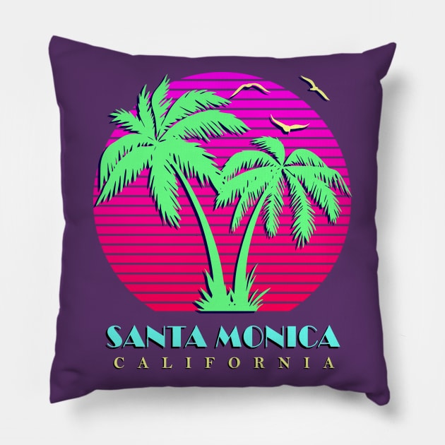 Santa Monica California Palm Trees Sunset Pillow by Nerd_art