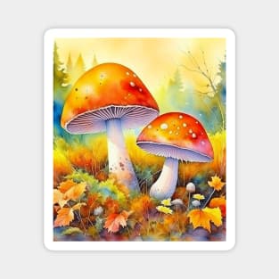 Watercolor Mashroom with Autumn Leaves Magnet