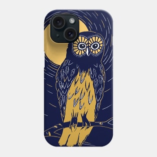 Deep blue and gold linocut of an owl on a moonlit night Phone Case