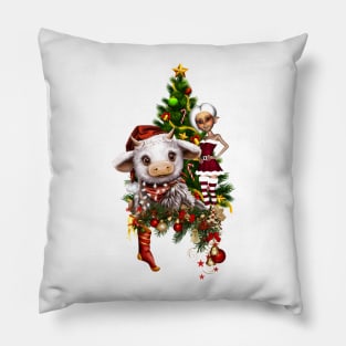 Cute christmas cow with little elf and christmas tree Pillow