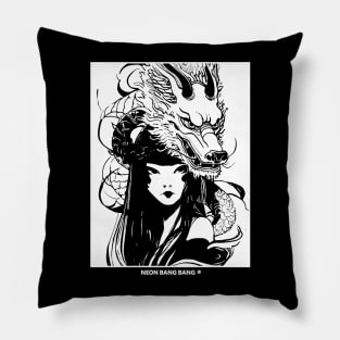 Japanese Samurai Girl Asian Dragon Urban Cyberpunk Style Pillow