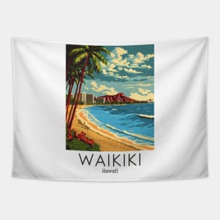 A Vintage Travel Illustration of Waikiki - Hawaii Tapestry