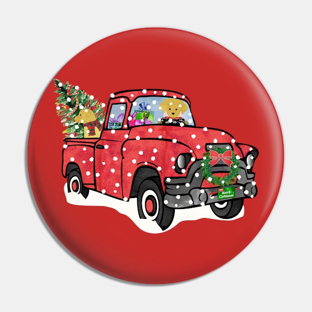 Yellow Labs Christmas Red Truck Pin by emrdesigns