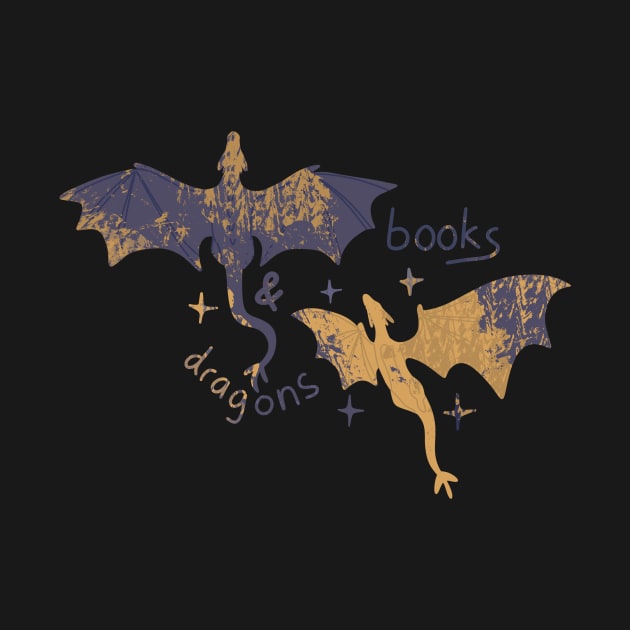 Books and dragons abstract golden blue design for fantasy readers vintage by loulou-artifex