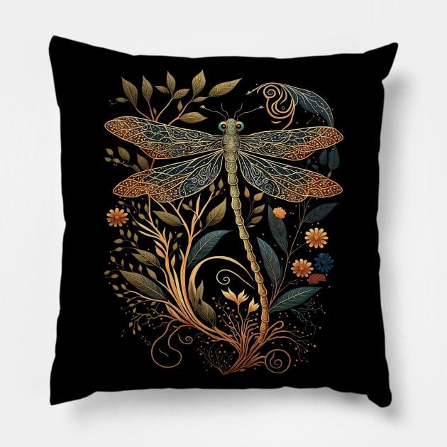 Cottagecore Floral Aesthetic Dragonfly Pillow by Apocatnipse Meow