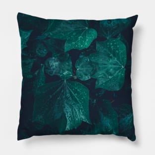 Dark emerald green ivy leaves water drops Pillow