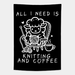 Cute Sheep Knitting with a Cup of Coffee Tapestry