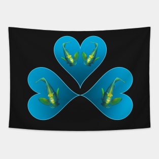 Angelfish | Three hearts in blue for a fish in motion | Black background | Tapestry