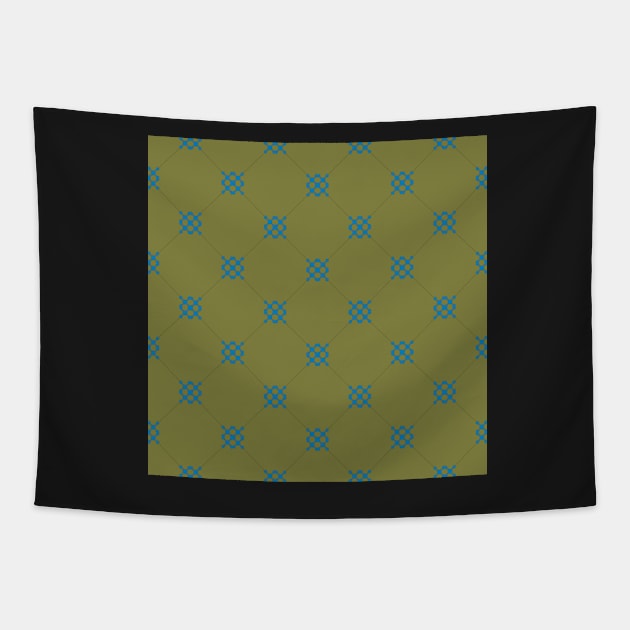 Diamond pattern on dark olive green background with interlocking teal blue motifs. A simple design with classic style. Tapestry by innerspectrum