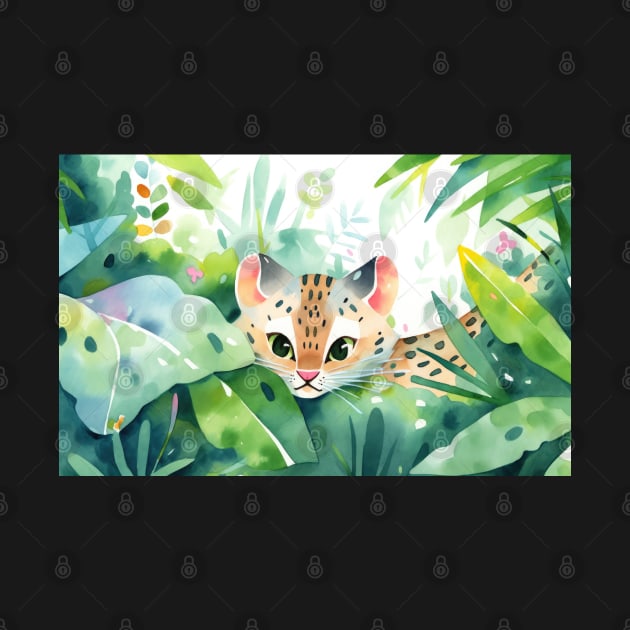 Whimsical Jungle Cat Watercolor Illustration by A Badger