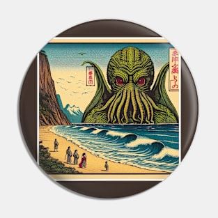 Cthulu Woodblock Print Pin