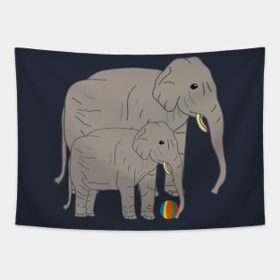 Elephant Mom with baby playing ball Tapestry