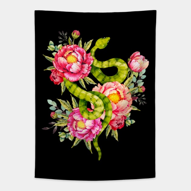 Peony Blossoms, Buds And A Green Garden Snake Tapestry by LittleBunnySunshine