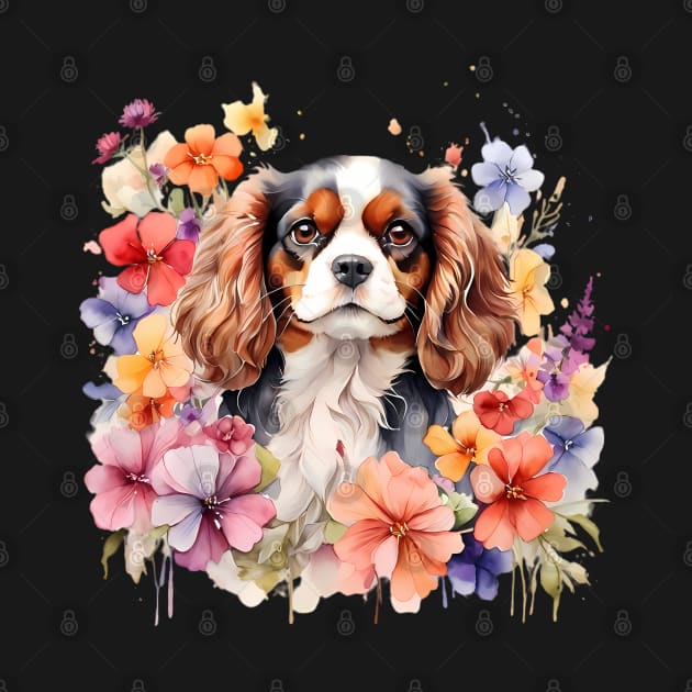 A cavalier king charles spaniel decorated with beautiful watercolor flowers by CreativeSparkzz