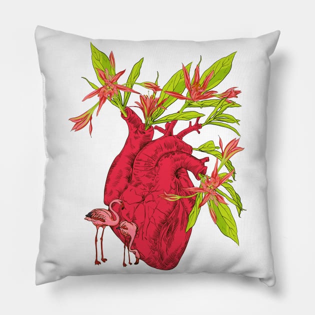 heart with flowers, leaves and birds Pillow by Olga Berlet