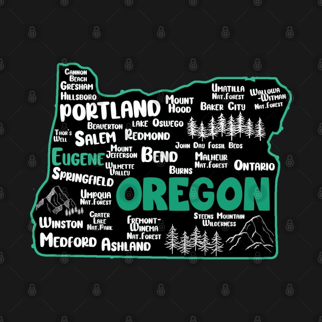 Cute map of Eugene Oregon, Portland, Salem, Springfield, Bend, Ontario, Medford by BoogieCreates