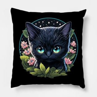 Starry Night Kitten with Big Blue Eyes and Pink Flowers Pillow