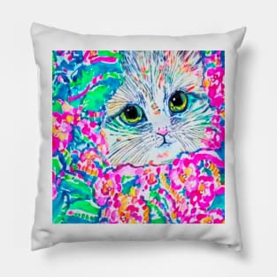 Watercolor portrait of a white kitten, Lilly Pulitzer inspired Pillow