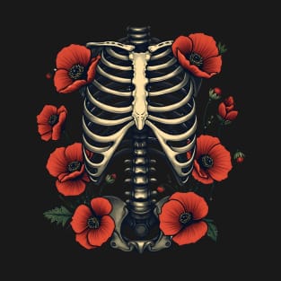 Bones and Botany, Anatomy Art, ribcage full of red poppies and leaves, thoracicy, leaves anatomy Ribcage, rib cage, pelvis, anatomy skeleton T-Shirt
