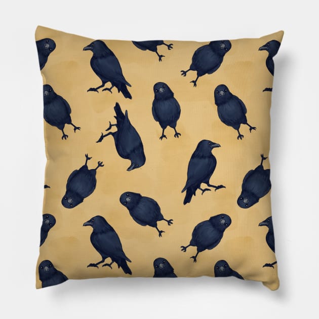 Happy crows yellow Pillow by little peg designs