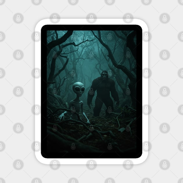Alien and Bigfoot in an Creepy Forest Magnet by Megadorim