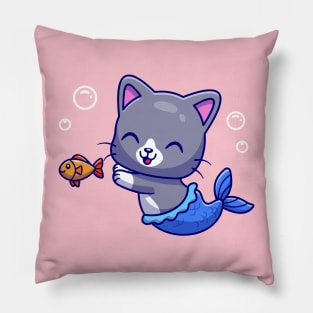 Cute Mermaid Cat With Fish Cartoon Pillow