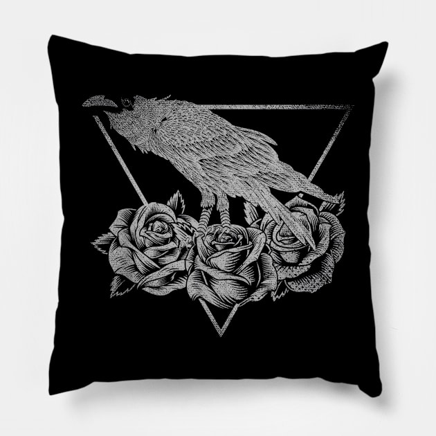 Flower Gothic - Black Rose and Crow Bird Creepy - Roses and Raven Pillow by The Full Moon Shop