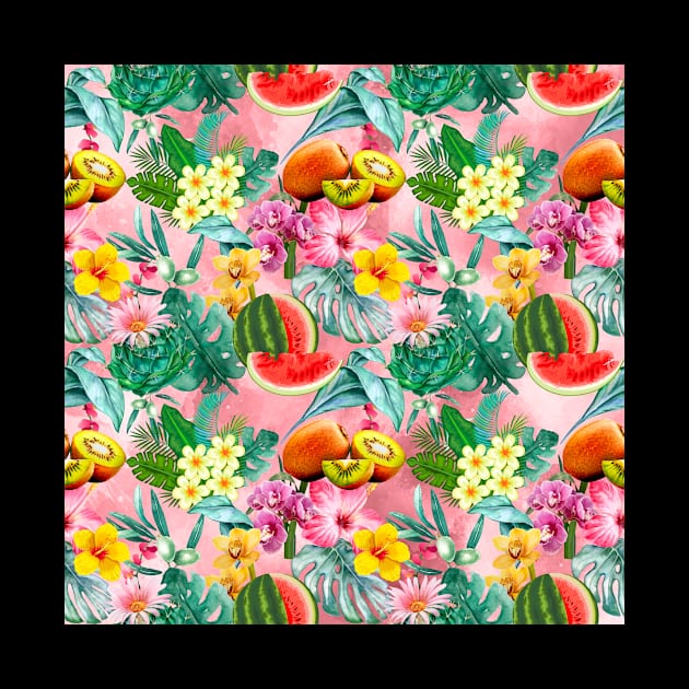 Vibrant tropical leaves pattern, watermelon illustration, tropical plants, pink colorful tropical fruits by Zeinab taha