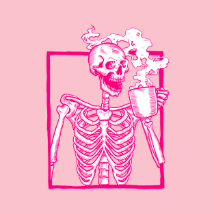 halloween skeleton drinking coffee pink T-Shirt