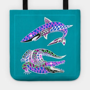 swamp and the sea, the shark and the gator ecopop Tote