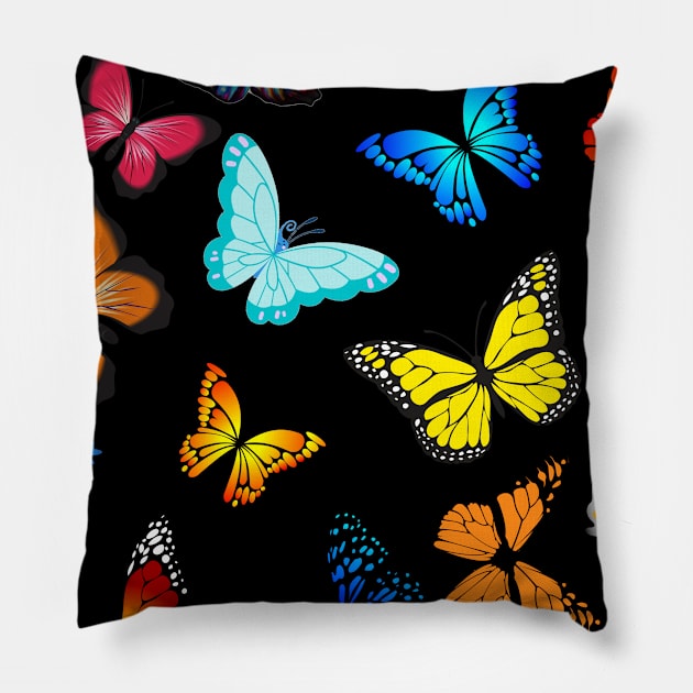 Colorful butterflies dark blue background Pillow by Ekkoha