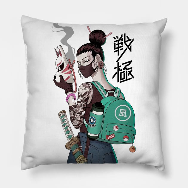 Japanese Fox Mask Girl Urban Style Pillow by OWLvision33