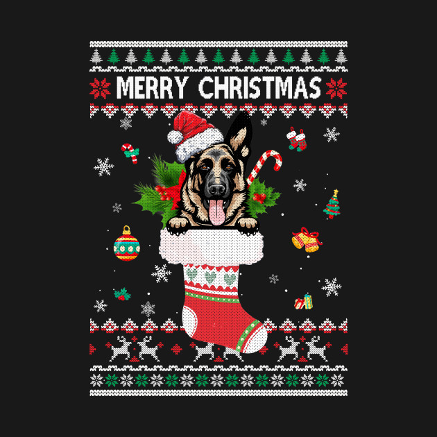 Discover Merry Christmas German Shepherd In Sock Dog Funny Ugly Xmas - German Shepherd Christmas - T-Shirt