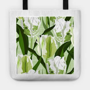 Large white / green parrot tulips on linen texture Tote