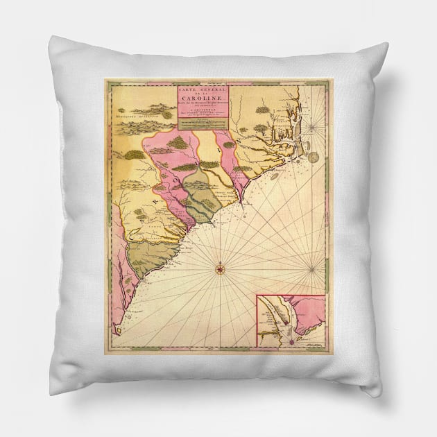 Vintage Map of The Carolinas (1683) Pillow by Bravuramedia