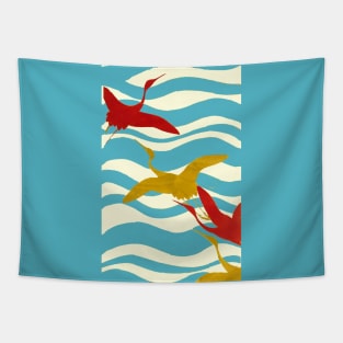 RED YELLOW FLYING CRANES ON WHITE BLUE OCEAN WAVES Tapestry