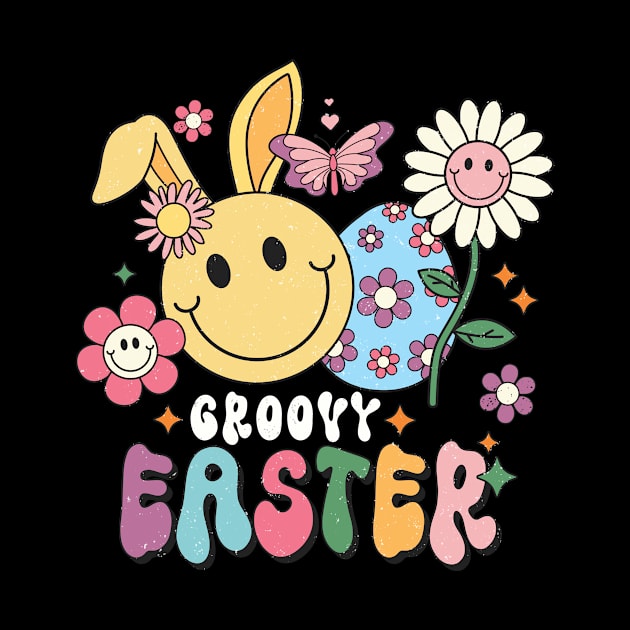 Retro Groovy Bunny Smile Happy Easter Day Hippie Trendy by BuzzTeeStore