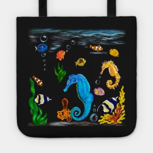 Best fishing gifts for fish lovers 2022. Seahorse and friends Coral reef fish rainbow coloured / colored fish swimming under the sea Tote