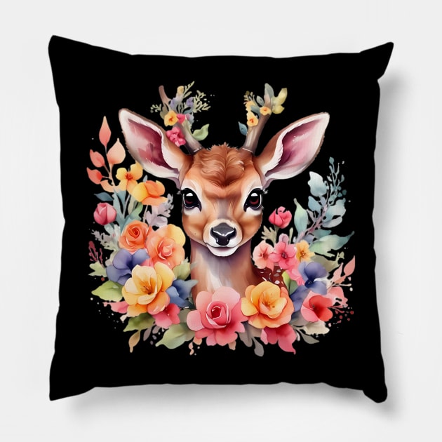 A deer decorated with beautiful watercolor flowers Pillow by CreativeSparkzz