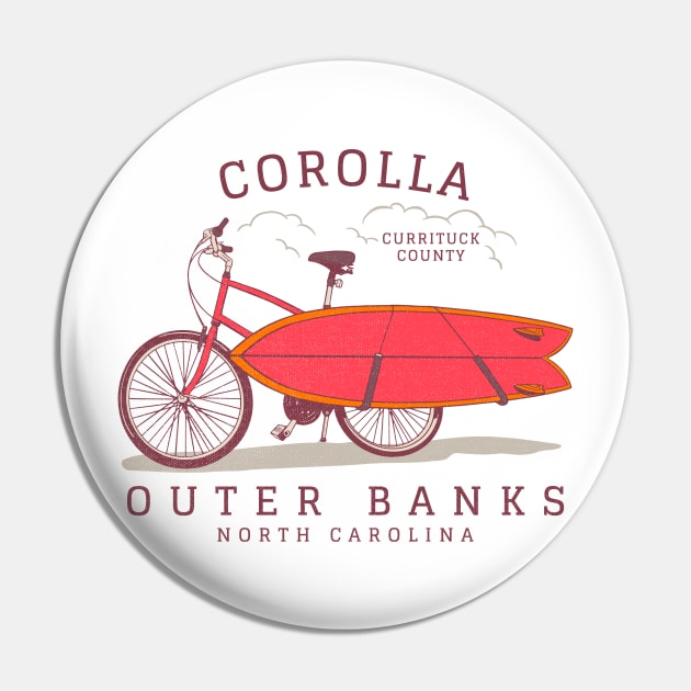 Corolla, NC Summer Vacation Bike and Surfboard Pin by Contentarama