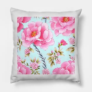 Pink roses on pale blue seamless chinoiserie pattern Pillow